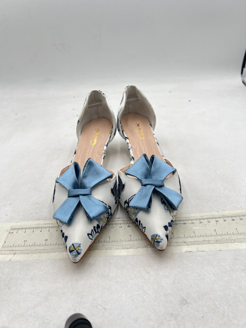 XYD Blue Bloom Embroidery D'Orsay Kitten Heel Bridal Bowknot Pumps Prom Shoes - Picture 2 of 7